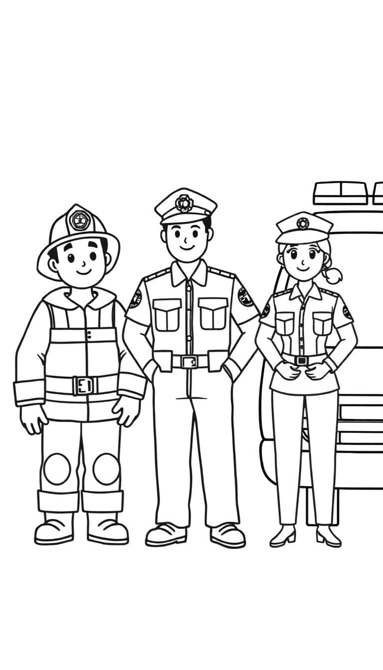 Zwart-wit kleurplaat van een brandweerman en twee politieagenten die glimlachen. Een politieauto is deels zichtbaar.