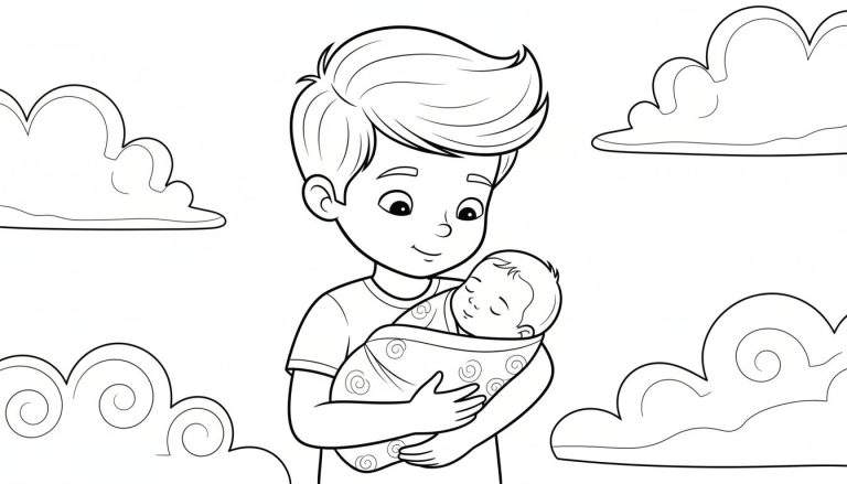 Kleurplaat van een jongen die een slapende baby vasthoudt, met wolken op de achtergrond.