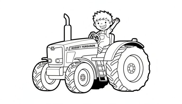 Zwart-wit lijntekening van een lachend jongetje met tuinbroek, zittend op een Massey Ferguson tractor en zwaaiend met één hand.