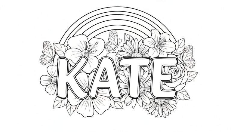 Zwart-wit kleurplaat met de naam KATE in dikke letters, een regenboog, bloemen en vlinders.