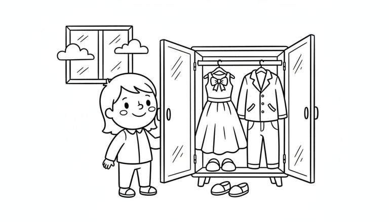 Kleurplaat van een jong meisje met kort haar dat glimlacht voor een open kledingkast. Binnenin de kast hangen een jurk en een pak. Op de bodem staan schoenen.