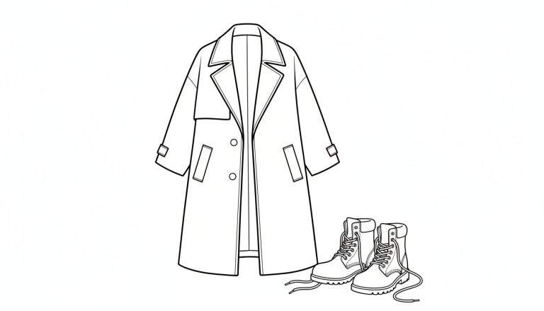 Lijntekening van een openstaande lange jas met brede revers en een paar hoge veterschoenen met losse veters, klaar om ingekleurd te worden.