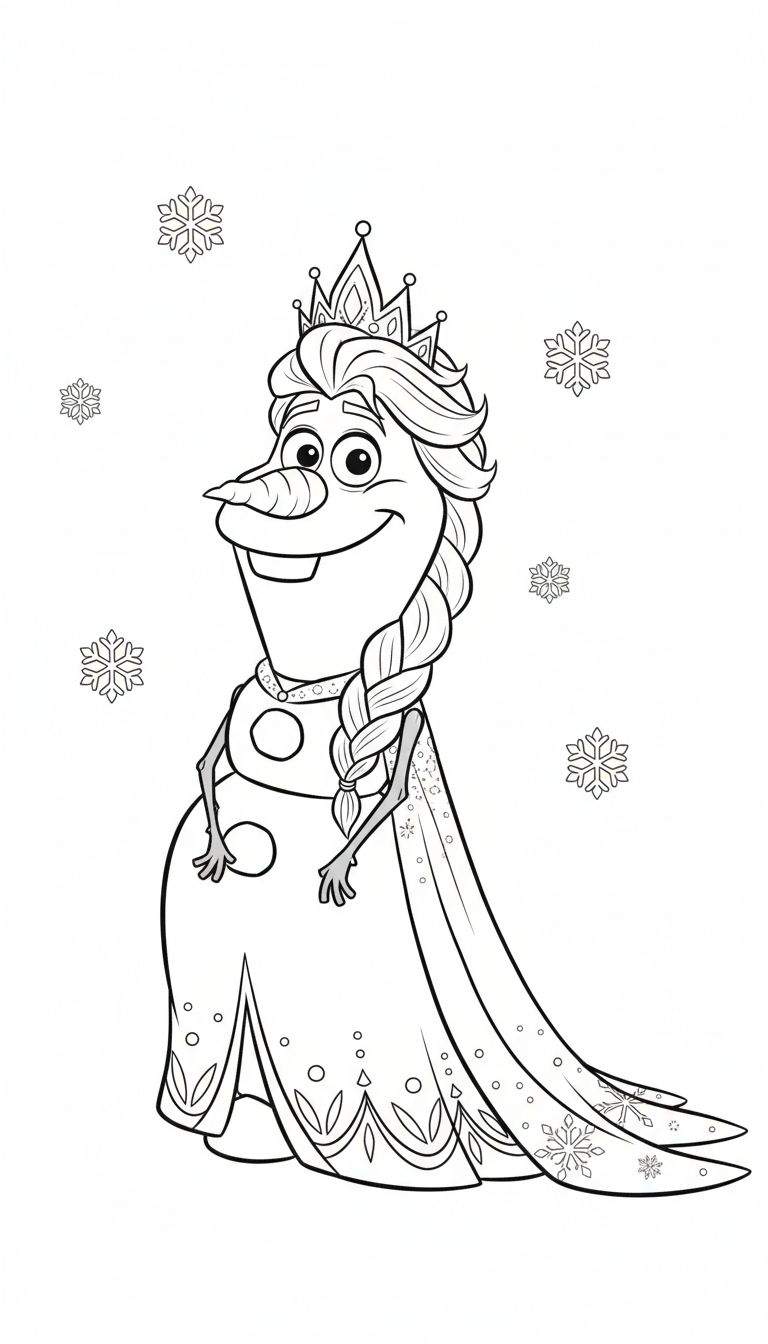 Kleurplaat van Olaf de sneeuwman met een kroon en jurk, lijkend op koningin Elsa.