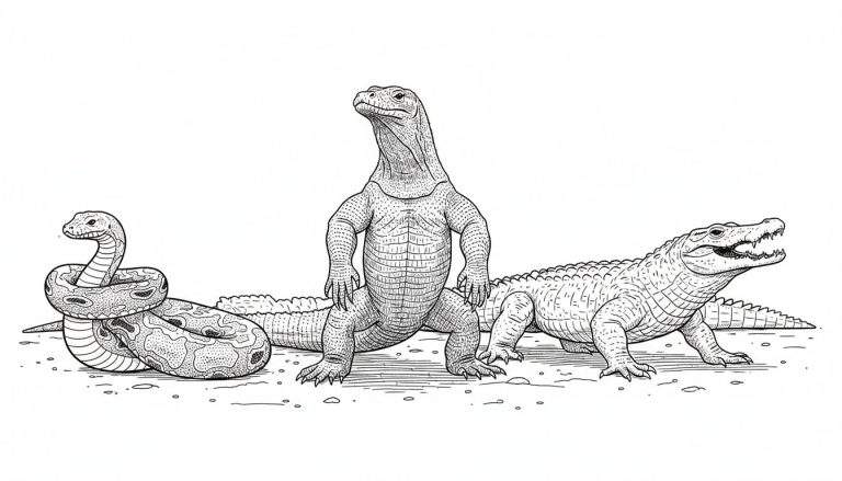 Zwart-wit lijnschets van een opgerolde slang, een staande hagedis en een krokodil op een witte achtergrond met een gesuggereerde zanderige ondergrond.