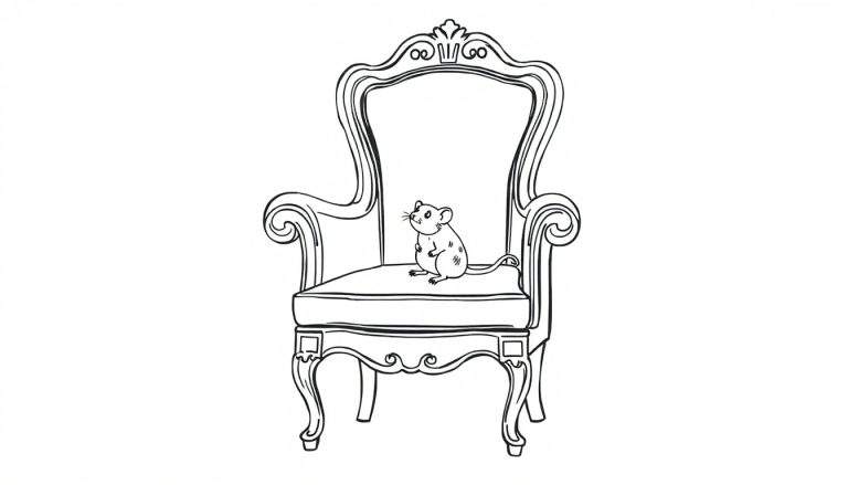 Zwart-witte lijntekening van een grote, versierde stoel met een kleine muis op de zitting.
