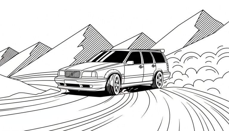 Zwart-wit kleurplaat van een sportieve stationwagen die drift met opstuivend materiaal, tegen een achtergrond van gestileerde bergen.