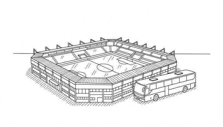 Zwart-witte lijntekening kleurplaat van een sportstadion met tribunes en een sportveld, naast een geparkeerde passagiersbus. De grond is gearceerd.
