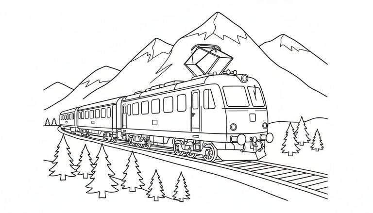 Zwart-wit lijntekening van een elektrische trein die een bocht maakt op rails, met puntige bergen en dennenbomen op de achtergrond.