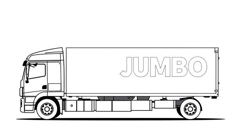 Zwart-witte lijntekening van een vrachtwagen in zijaanzicht, met een trekker en oplegger, en het woord 'JUMBO' op de zijkant van de oplegger.