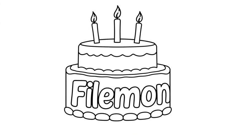 Zwart-wit lijntekening van een tweelaagse verjaardagstaart met drie brandende kaarsen bovenop en de naam 'Filemon' op de onderste laag.
