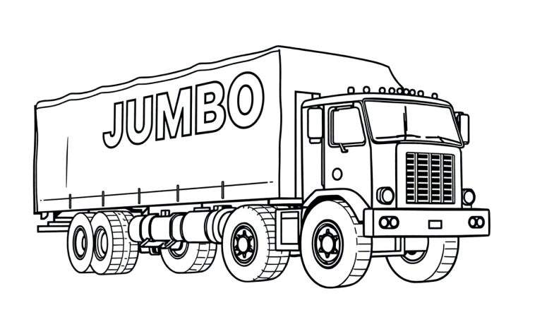 Kleurplaat van een grote JUMBO vrachtwagen, getekend in zwart-wit met duidelijke lijnen. De vrachtwagen is een trekker-oplegger met het woord 'JUMBO' op de huif.