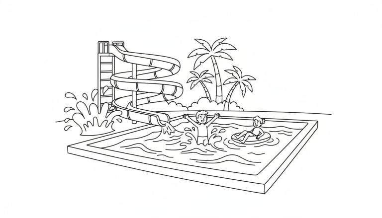 Zwart-wit lijntekening van een waterglijbaan en zwembad met kinderen die spetteren en ontspannen.