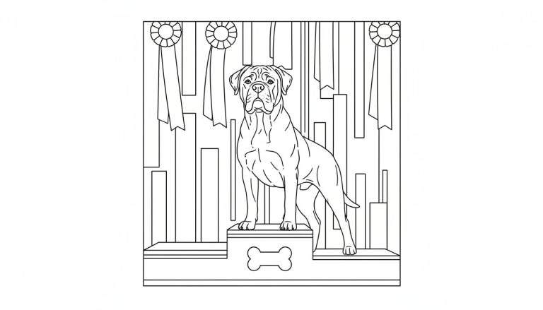 Zwart-wit lijntekening van een grote, gespierde hond op het hoogste trede van een erepodium, met linten en rozetten op de achtergrond.