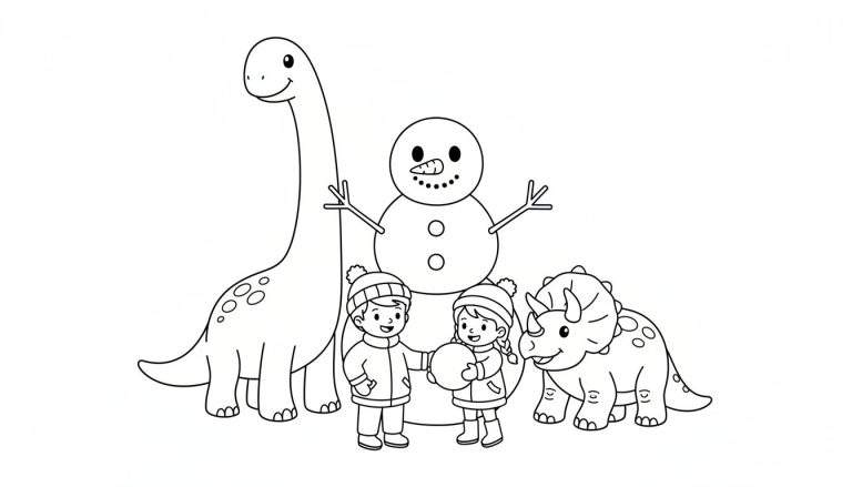 Kleurplaat met een langnekdinosaurus, een sneeuwpop, een jongen en een meisje die elkaars hand vasthouden, en een Triceratops, allemaal genietend van een winterse dag.