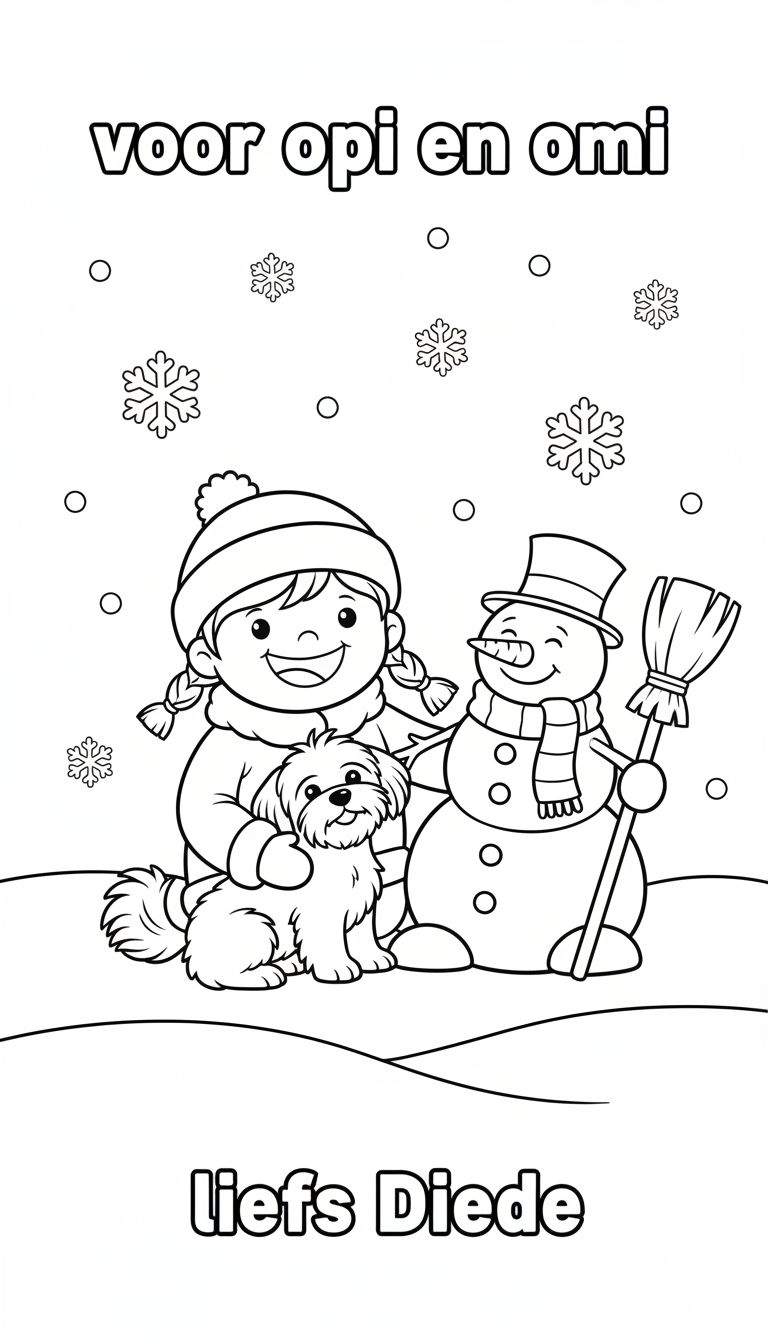 Kleurplaat van een meisje met vlechten, een hondje en een sneeuwpop in een winterlandschap, met de tekst 'voor opi en omi' en 'liefs Diede'.