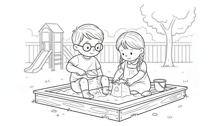 Zwart-wit kleurplaat van een jongen met bril en een meisje met vlechten die samen in een zandbak spelen en lachen.