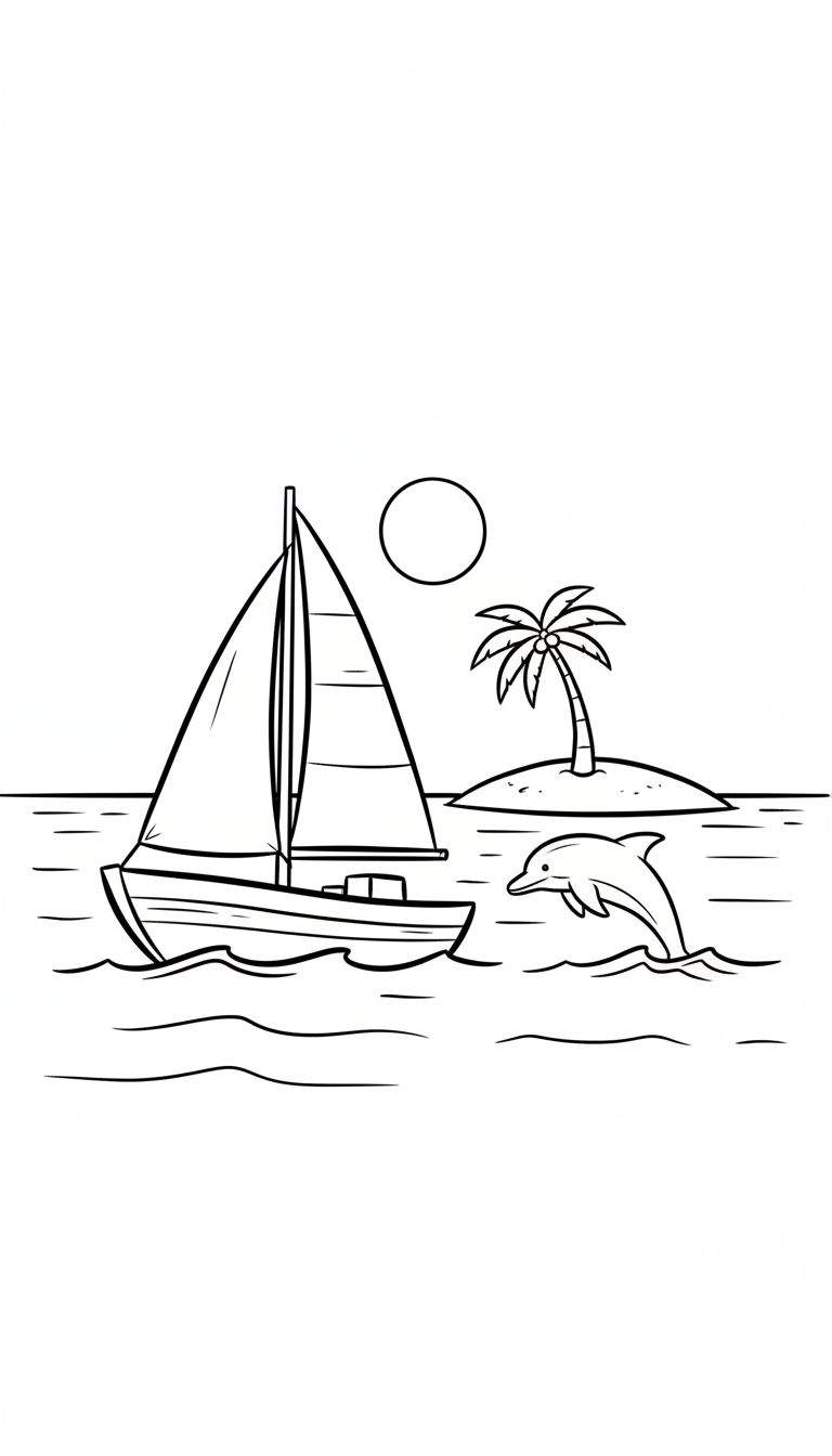 Kleurplaat van een zeegezicht met een zeilboot op het water, een dolfijn die uit het water springt, een eilandje met een palmboom en een cirkel die de zon of maan voorstelt.