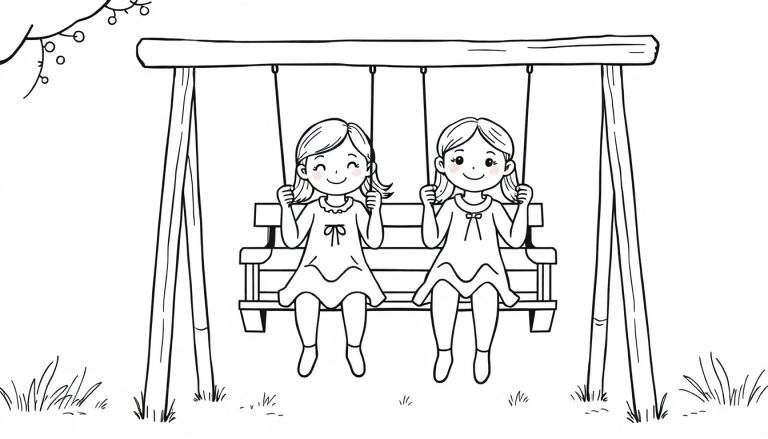 Kleurplaat van twee lachende jonge meisjes die op houten schommels zitten, met een boomtak op de achtergrond.