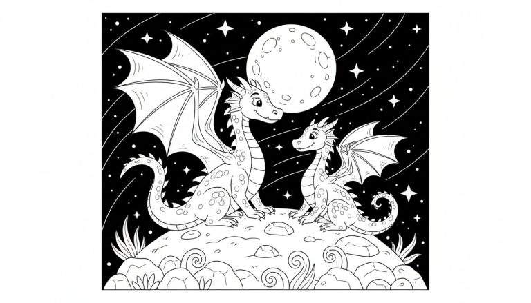 Zwart-wit kleurplaat van twee draken die elkaar aankijken onder een sterrenhemel met een volle maan. De grote draak zit links, de kleinere rechts, beiden met uitgestrekte vleugels en vriendelijke gezichten.