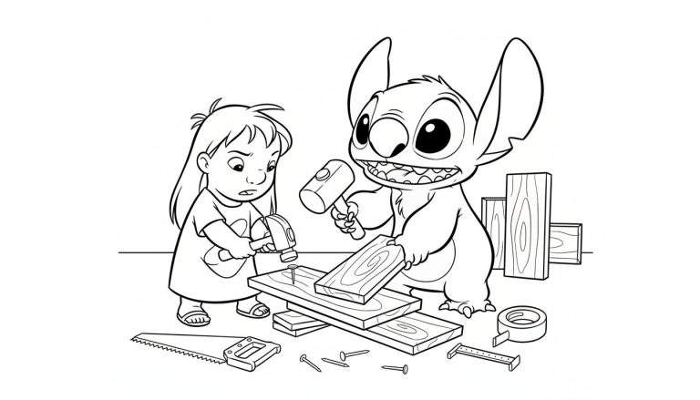 Kleurplaat van Lilo en Stitch die samen timmeren. Stitch slaat met een hamer op een spijker, Lilo doet hetzelfde met een geconcentreerde blik. Rondom liggen houten planken, spijkers, een zaag, plakband en een meetlint.