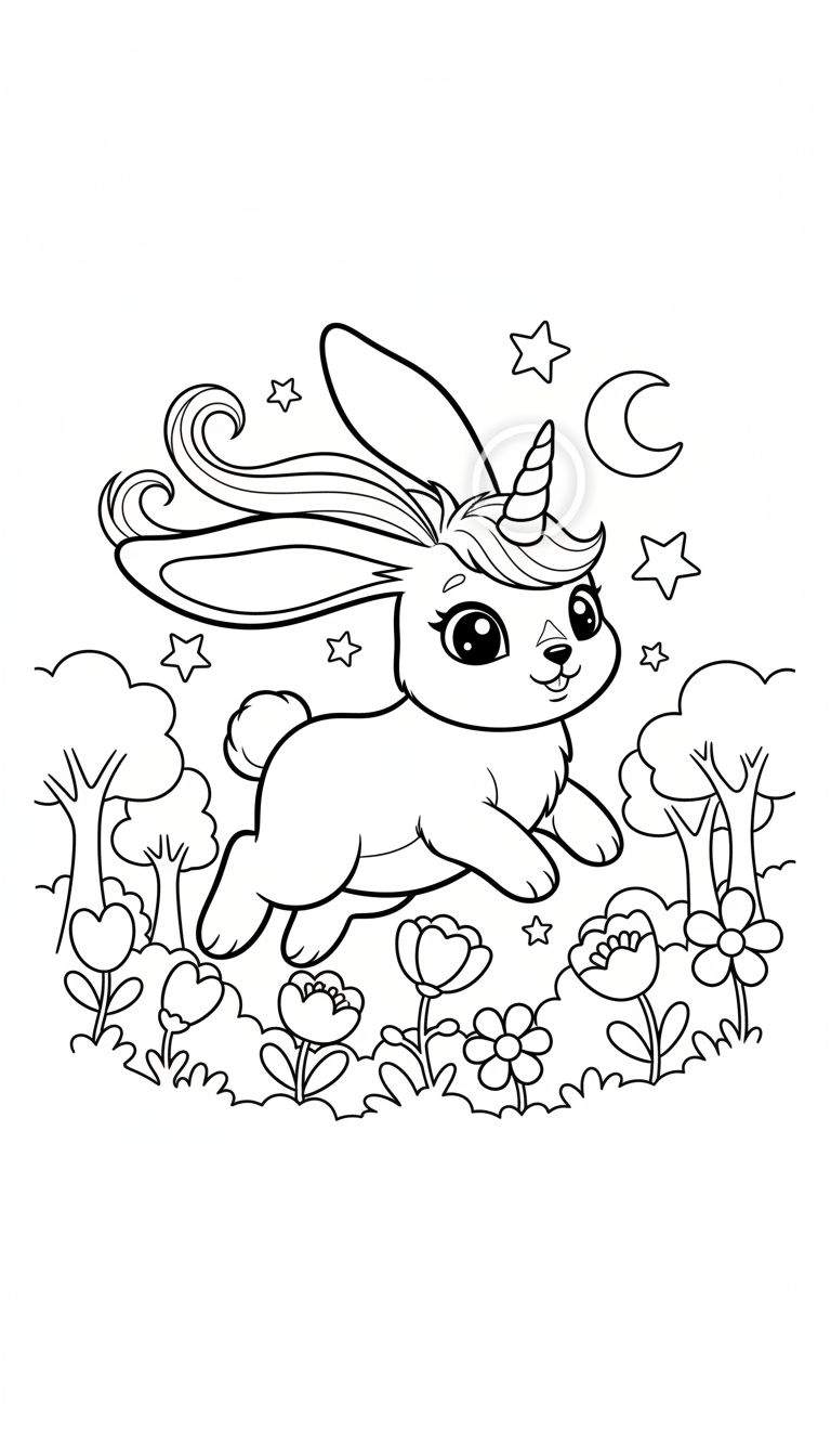 Zwart-wit lijntekening van een cartoonachtig konijntje met een eenhoornhoorn en golvende manen, springend door de lucht boven bloemen, bomen, sterren en een maansikkel.