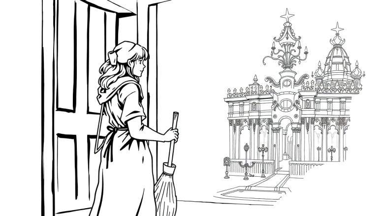 Zwart-wit lijntekening van een jong meisje met lang haar, een jurk en een schort, die een bezem vasthoudt, staand in een deuropening en kijkend naar een groot, rijk versierd paleis met koepels, torens en bogen.