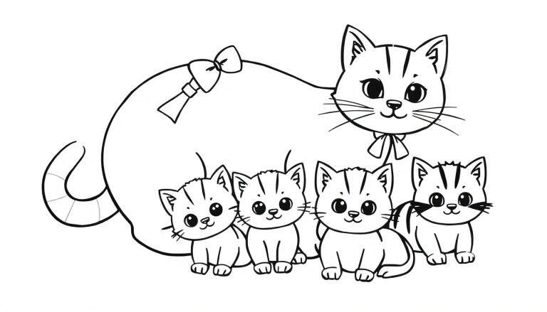 Zwart-wit tekening van een moederkat met vier schattige kittens, klaar om ingekleurd te worden.