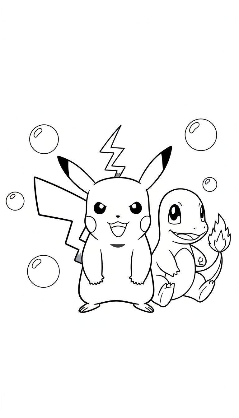 Zwart-witte lijntekening kleurplaat van Pikachu lachend met een bliksemschicht boven zijn hoofd en Charmander zittend met een vlammetje op zijn staart, omringd door bellen.