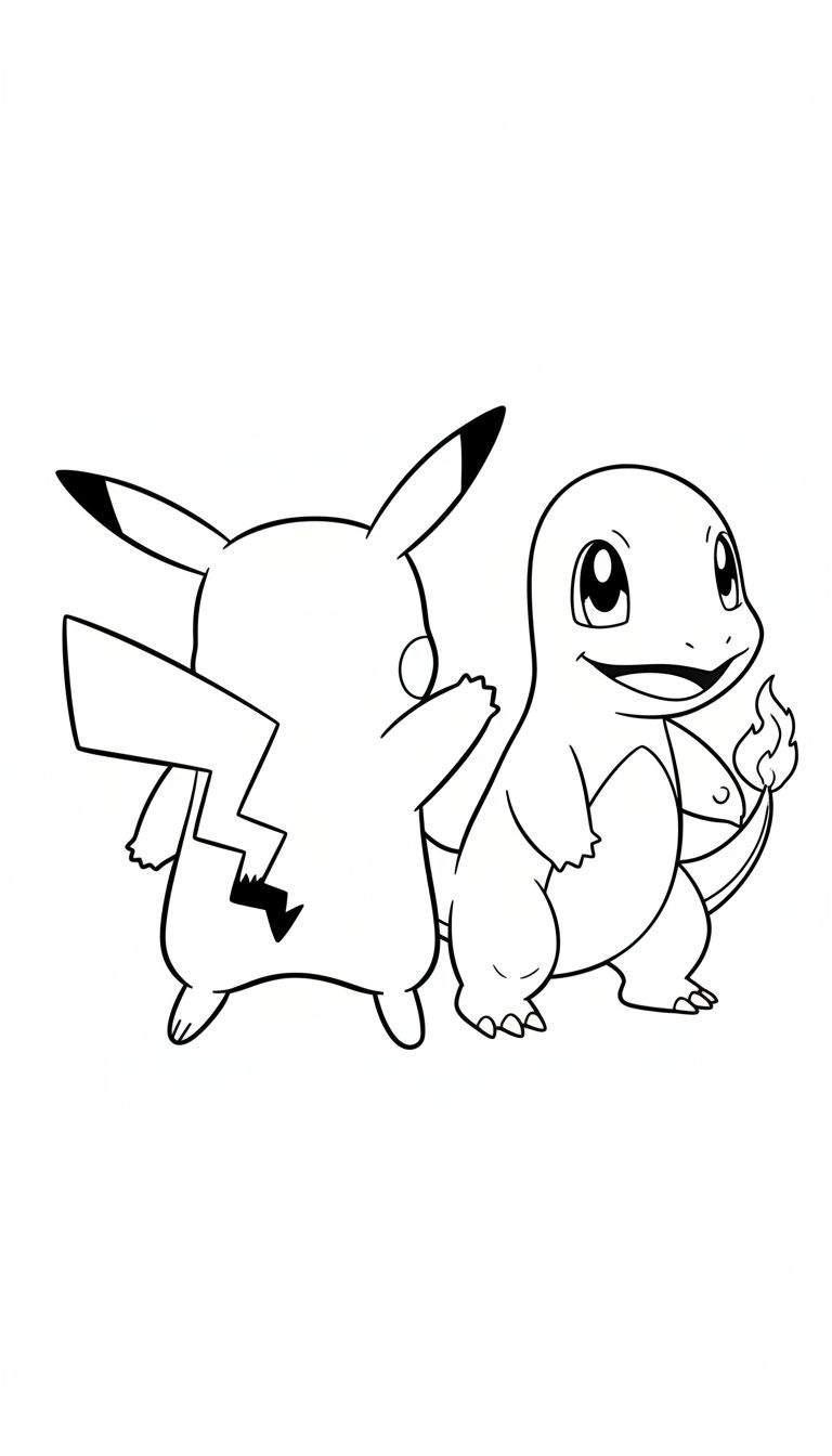 Kleurplaat van Pikachu die achter Charmander staat, met hun staarten en oren deels ingekleurd.