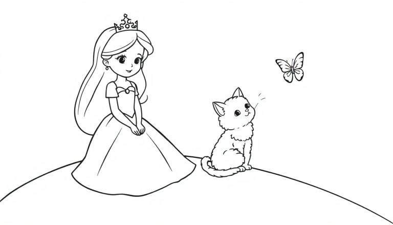 Zwart-wit tekening van een prinses die glimlacht, een katje dat omhoog kijkt naar een vlinder, op een glooiende ondergrond.