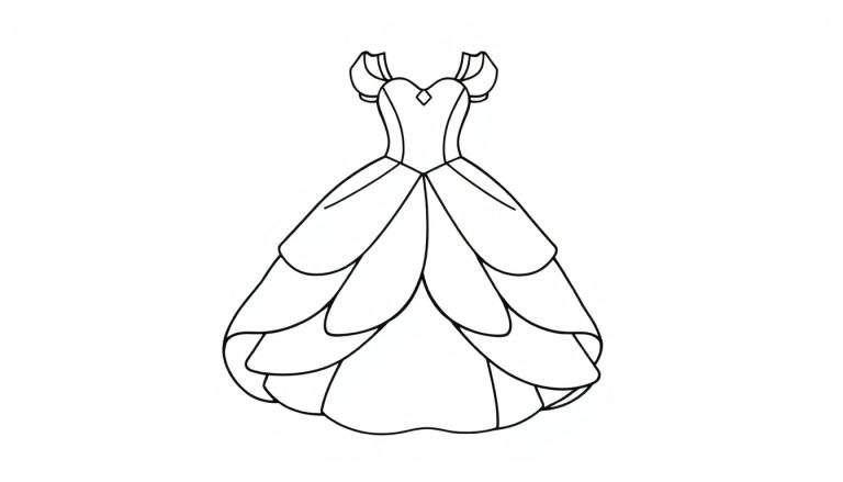 Kleurplaat van een elegante prinsessen galajurk met een hartvormige halslijn, off-shoulder mouwen en een wijd uitlopende, gelaagde rok. Lijntekening op witte achtergrond.