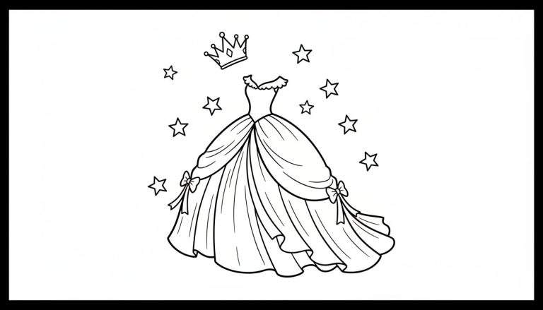 Kleurplaat van een klassieke baljurk met strikken aan de zijkant, een geschulpte halslijn, zwevende kroon met ruitvormige versieringen en verspreide sterren.