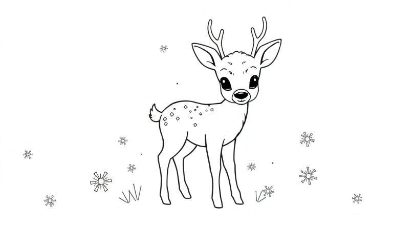 Zwart-wit tekening van een schattig hertje, lijkend op Bambi, met grote ogen en vlekjes, omringd door sneeuwvlokjes en gras, klaar om ingekleurd te worden.