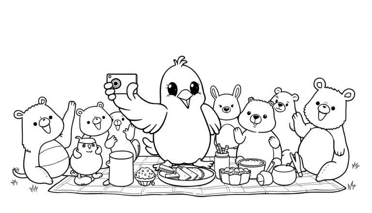 Kleurplaat van een picknick met schattige dieren. Een vogel maakt een selfie, omringd door beren, een uil, een eekhoorn/bever en een konijn op een geruit kleed met eten.