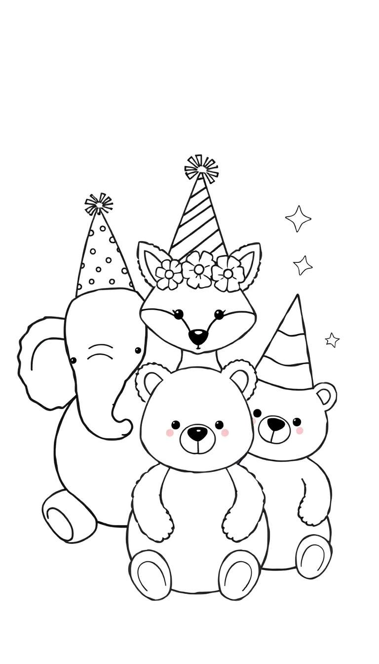 Kleurplaat van schattige cartoon dieren: een olifant met feestmuts, een vos met bloemenkrans en twee beren, met zwevende sterretjes.