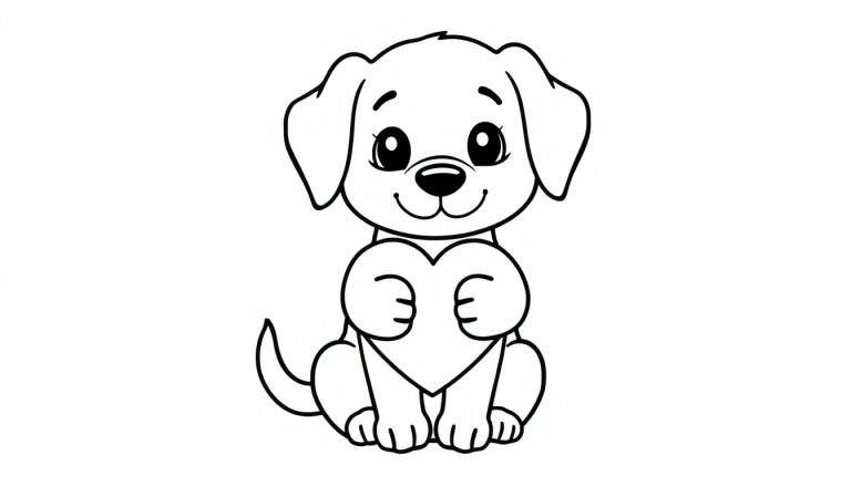 Zwart-wit lijntekening van een schattige puppy die een hart vasthoudt, met grote ogen en een glimlach.