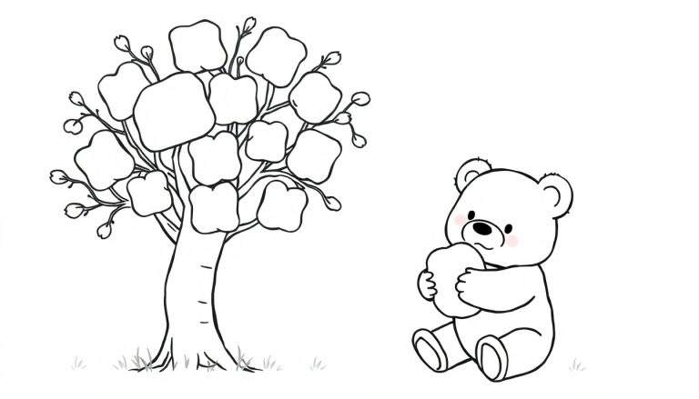 Kleurplaat van een cartoonbeer met een appel naast een appelboom.