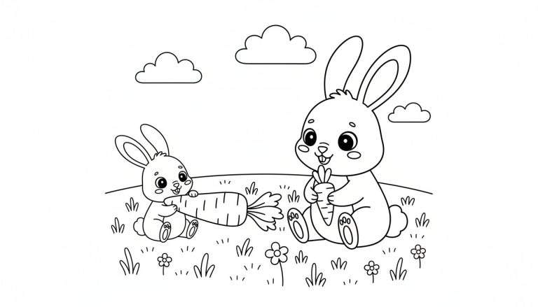 Kleurplaat van twee lachende konijnen in een veld met gras en bloemen. Eén konijn houdt een wortel vast, het andere konijntje heeft een lange wortel. Drie wolken zijn zichtbaar aan de horizon.