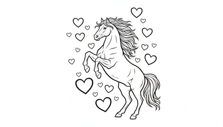 Zwart-wit tekening van een steigerend paard met zwierige manen en staart, omringd door hartjes van verschillende groottes op een witte achtergrond, geschikt als kleurplaat.