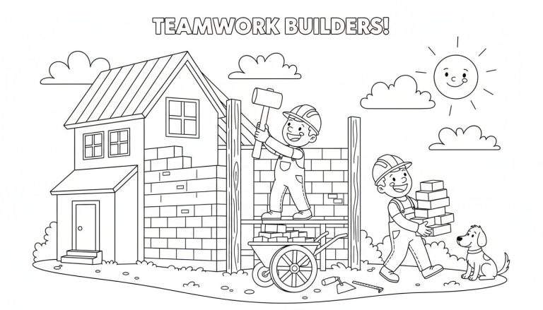 Zwart-wit kleurplaat van twee vrolijke bouwers die samen een huis bouwen, met een hond, gereedschap en een lachende zon.