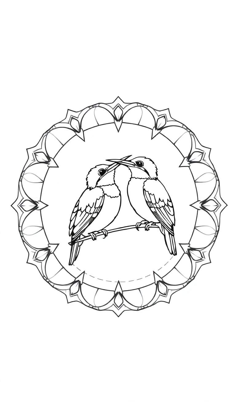 Zwart-wit lijntekening van twee vogels die elkaar op een tak kussen, binnen een versierd cirkelvormig kader met bladeren en bogen. De achtergrond is wit.