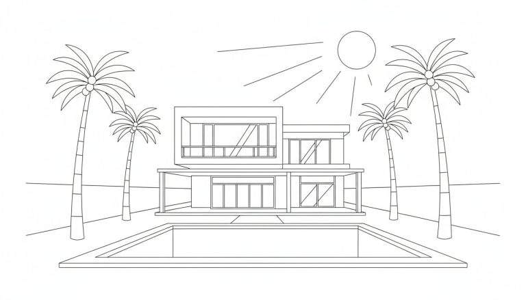 Kleurplaat van een moderne villa met een rechthoekig zwembad op de voorgrond, omringd door vier palmbomen. De zon schijnt in de rechterbovenhoek. Zwart-witte lijntekening.