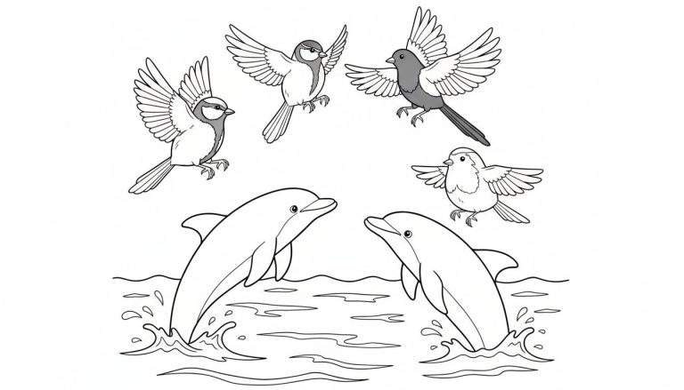 Kleurplaat met vliegende vogels en springende dolfijnen in een dynamische compositie.