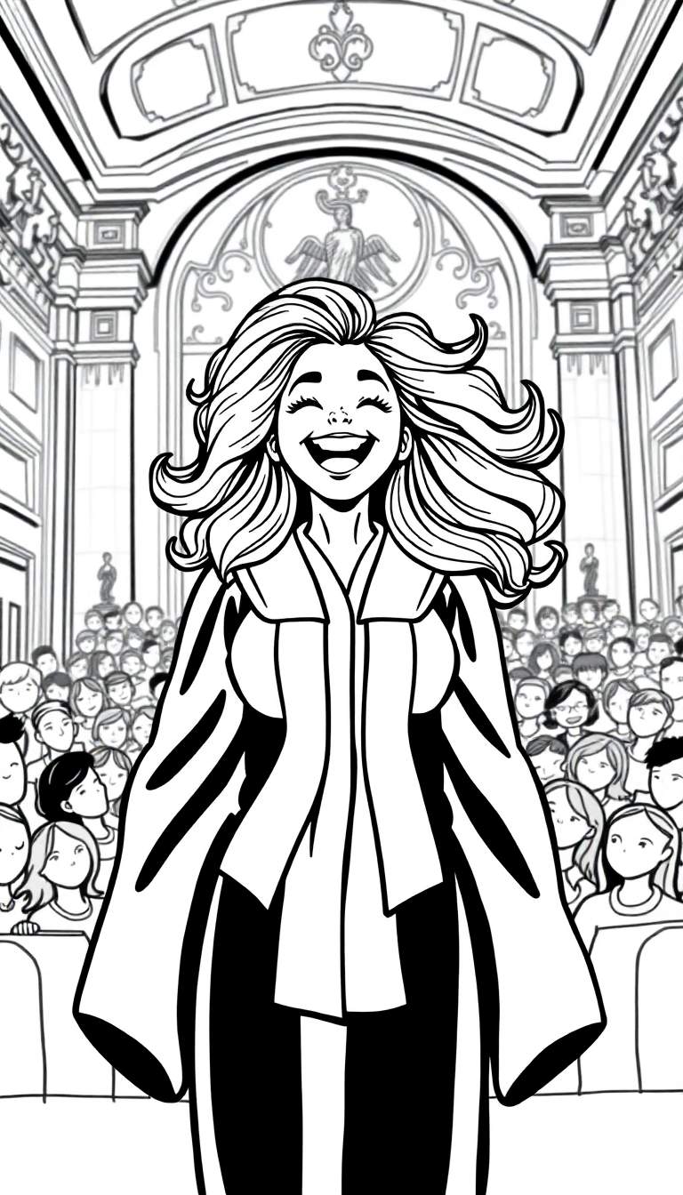 Kleurplaat: Een jonge vrouw met haar ogen dichtgeknepen van vreugde staat lachend voor een publiek in een grote, sierlijke zaal.