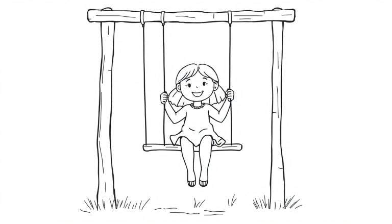 Kleurplaat van een vrolijk jong meisje met twee staartjes, zittend op een houten schommel en breed lachend. Ze draagt een jurk en ketting en houdt de touwen vast. Onder de schommel zijn lijnen die gras voorstellen.