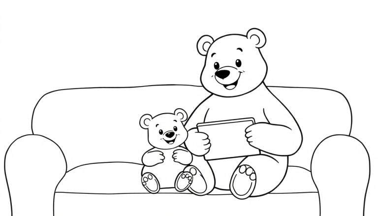 Zwart-wit lijntekening van een grote beer en een klein beertje die lachend samen op een bank zitten. De grote beer houdt een rechthoekig voorwerp vast dat op een boek of tablet lijkt.