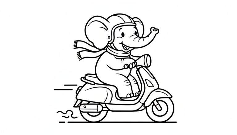 Zwart-wit lijntekening van een lachende cartoonolifant die op een scooter rijdt, met een helm op en een sjaal om. Er zijn snelheidslijnen achter de scooter.
