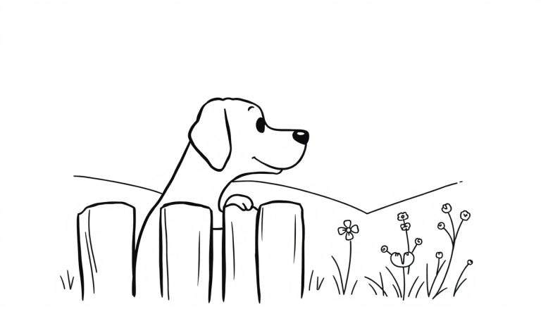 Zwart-wit lijntekening van een blije hond die over een houten hek kijkt, met bloemen en gras op de voorgrond en heuvels op de achtergrond.