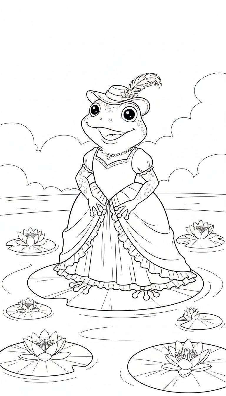 Zwart-wit lijntekening van een vrolijke kikker in een jurk en hoed, staand op een waterlelieblad.