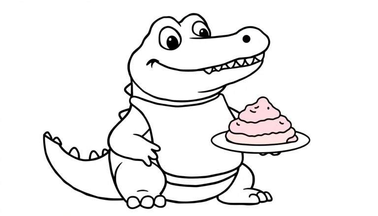Cartoon krokodil lachend met een toetje